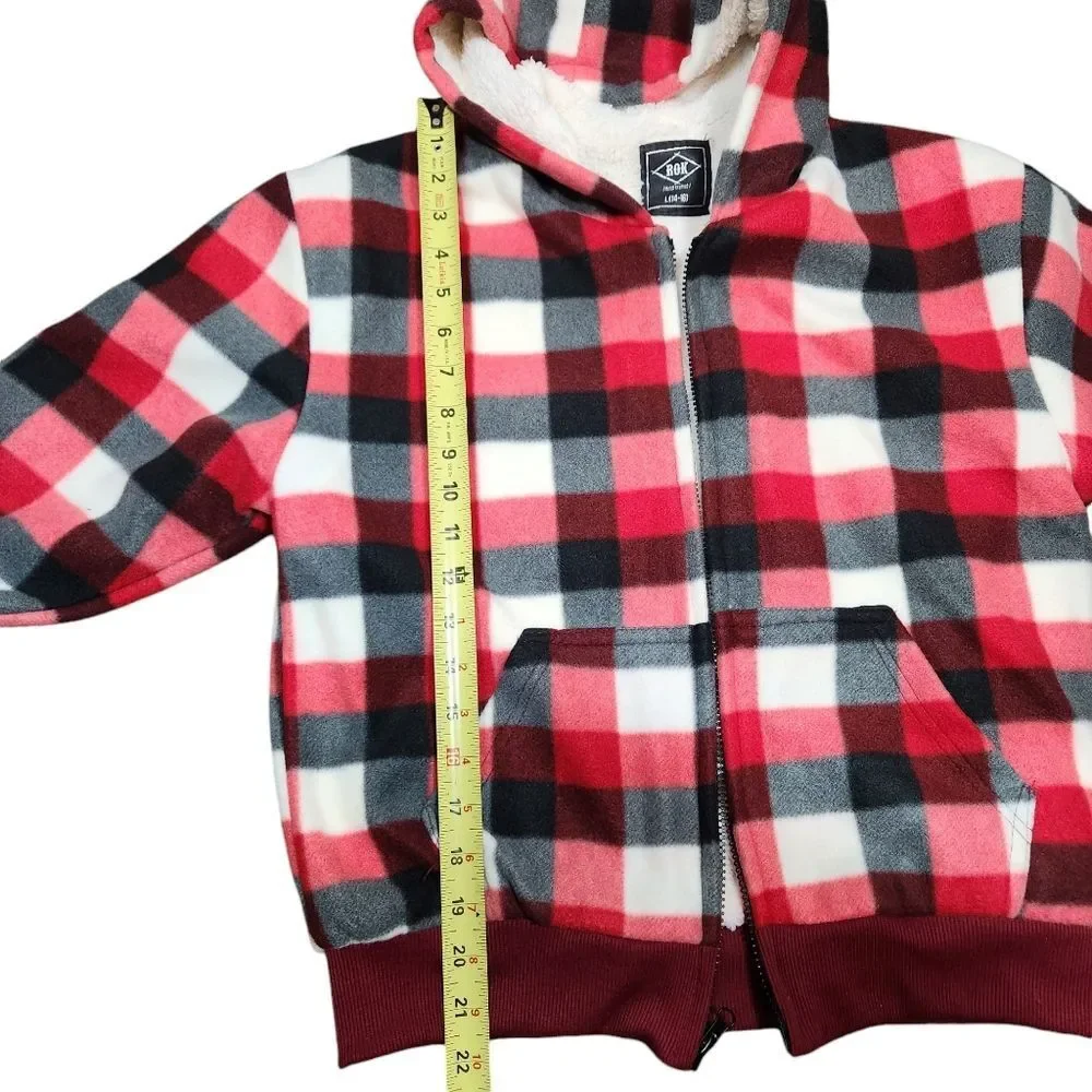 ROK Kid's Fleece Flannel Jacket Buffalo Plaid Heavy Oat Red Black Zip Hood Large